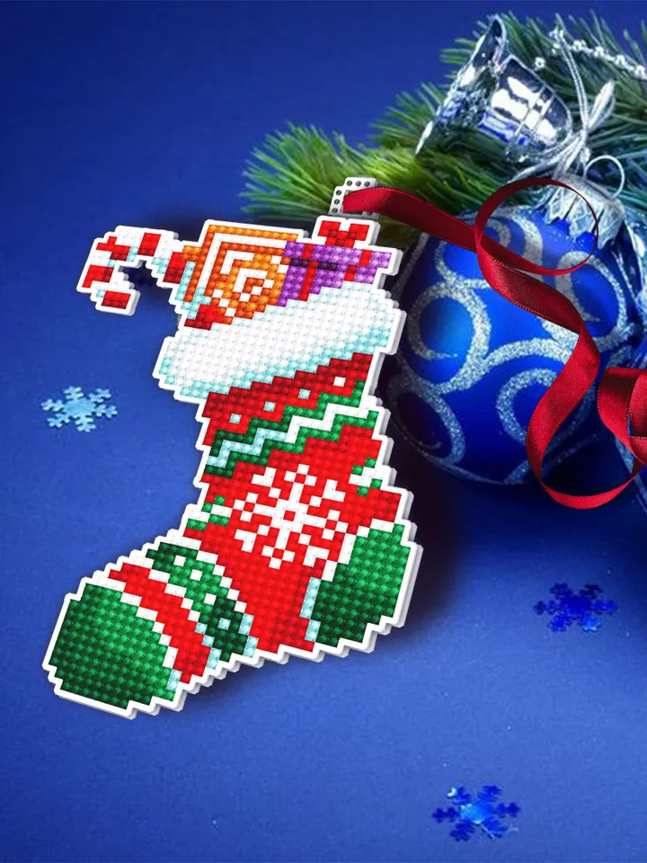Christmas sock cross stitch pattern PDF download Double-sided Christmas tree decor for plastic canvas, Stockings cross stitch chart #N131