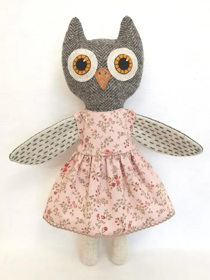 Owl girl, plush stuffed doll, handmade textile bird toy, owl soft toy