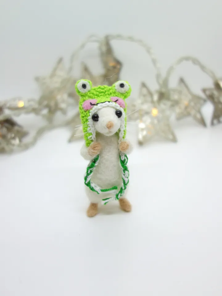 Charlie the mouse, miniature needle felted white mouse in a frog hat, made to order