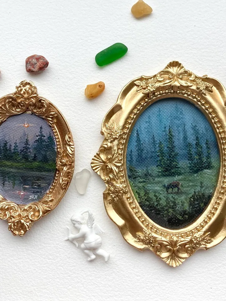 Forest Landscape Oil Painting Original In Vintage Style Frame Small Framed Oval Painting Art