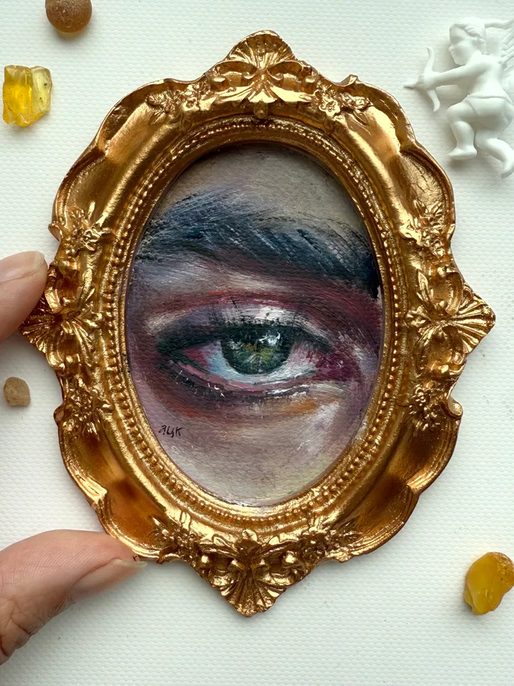 Original Framed Lover's Eye Antique Painting Illustration Vintage Style Small
