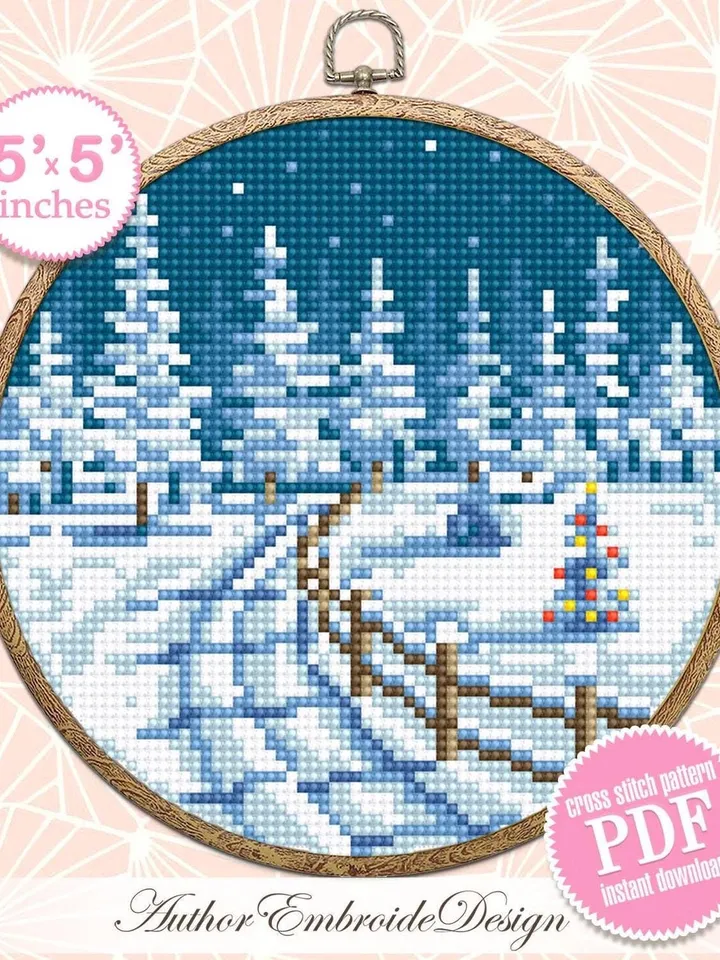 Winter landscape cross stitch pattern PDF download Winter forest cross stitch chart, Small Christmas pattern digital PDF, Snow pattern #N162