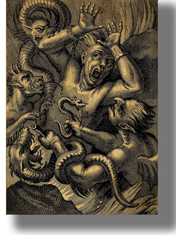 Sinner and demons in hell.