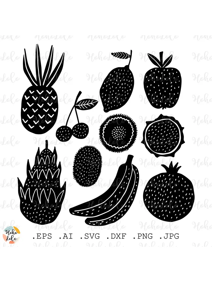 Fruit Svg, Fruit Silhouette, Fruit Cricut, Fruit Linocut Style, Fruit Template Dxf, Fruit Clipart Png