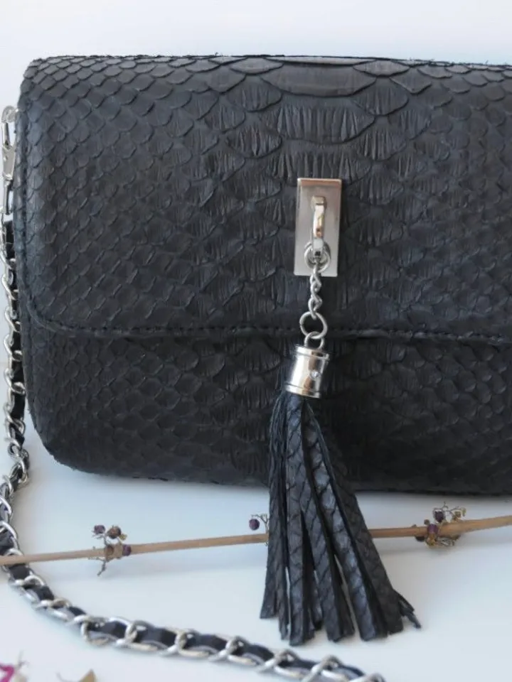 Genuine python skin crosdbody chain black tassel, elegant small classy bag crossbody genuine leather bag, everyday elegant small bag small