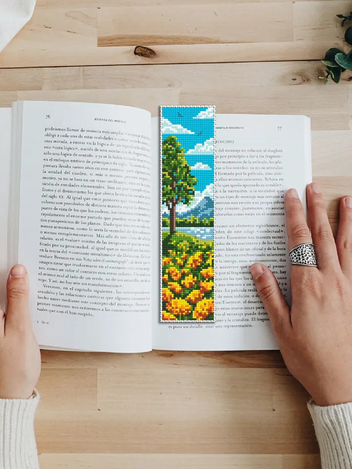 Nature bookmark cross stitch pattern download PDF Modern handmade bookmark digital PDF, Nature landscape cross stitch, Yellow flowers #B120