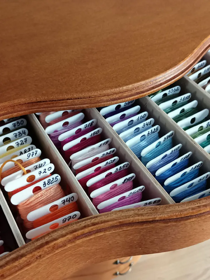 Floss storage cabinet for DMC floss bobbins and skeins, Stitching drawer box with curved faces in vintage style