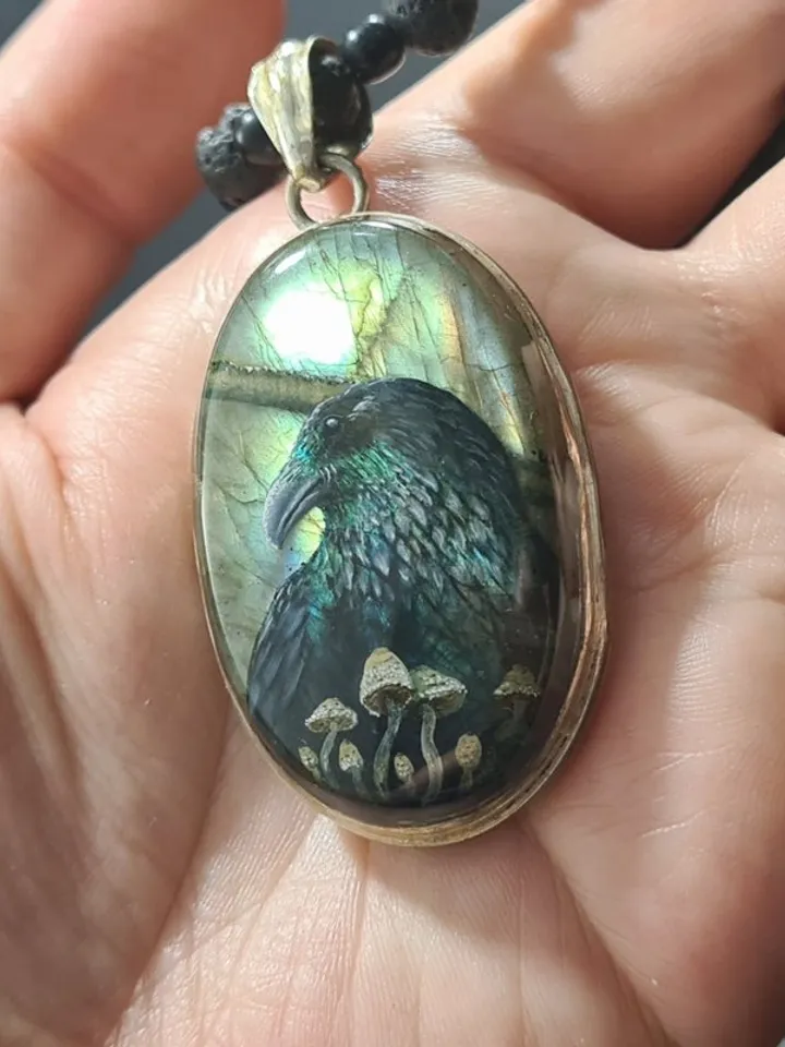 Raven necklace with toadstools Crow Viking Labradorite Shungite Lavastone