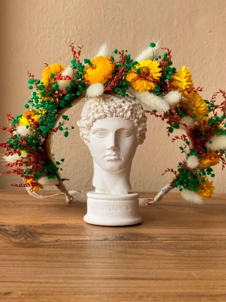 natural dried flower crown, Green adult crown, Suitable for daily use, cotton grass, chamomile, tatarika grass,