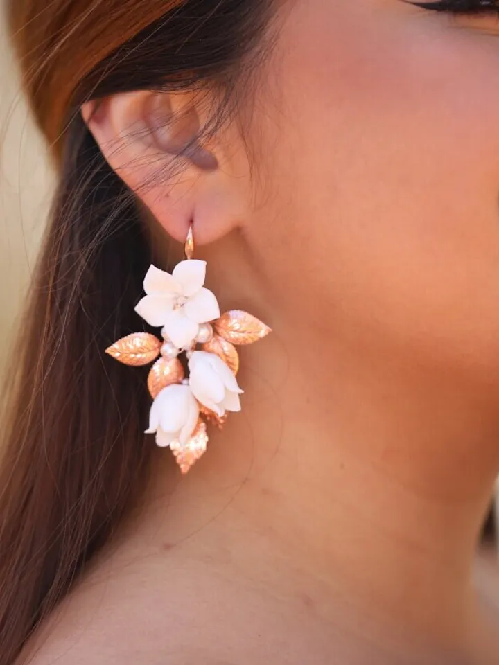 Floral Boho Wedding Earrings, Delicate Porcelain Flowers Bridal Earrings, Rose Gold Statement Leaf Rose Gold Wedding Jewelry Set, Jewellery