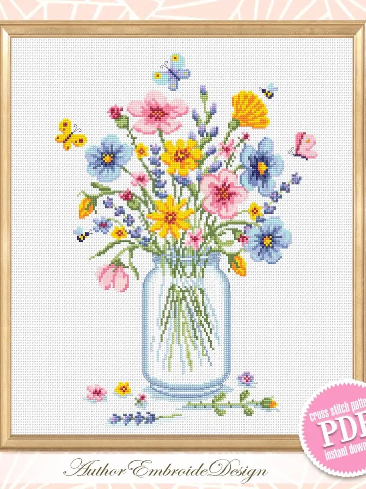 Wildflower bouquet cross stitch pattern PDF download Watercolor wildflowers cross stitch, Wild flowers in mason jar pattern digital PDF #P56