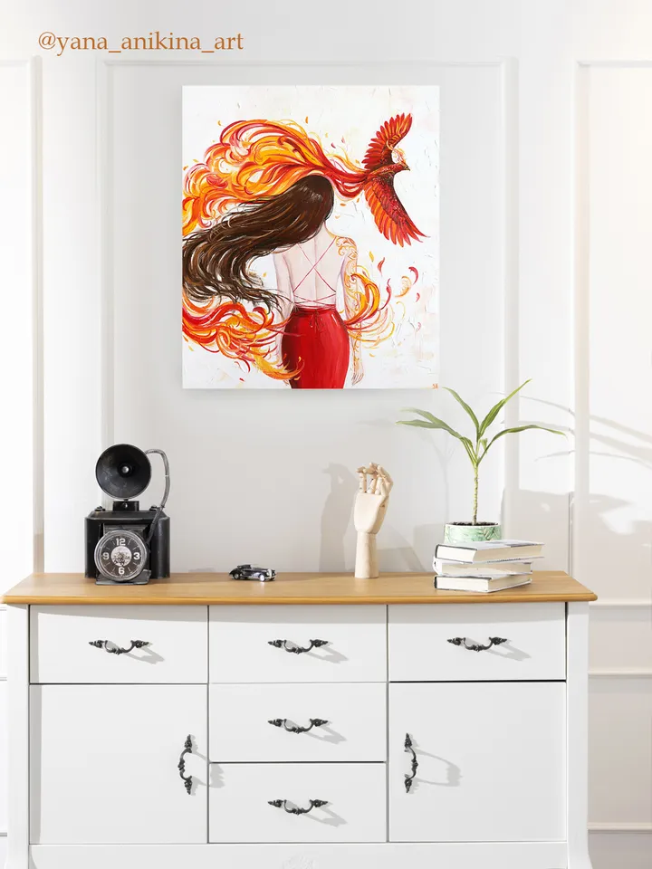 Phoenix Oil Painting on Canvas Phoenix Art Original Phoenix and Woman Artwork Handmade