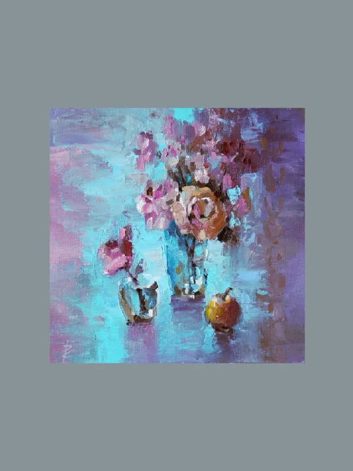 Oil painting with rose palette knife 7.8 x 7.8" Small oil painting "Pearl Morning"