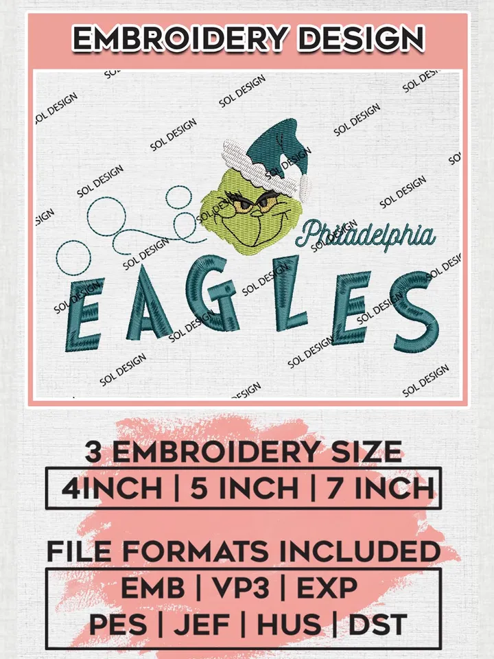 Christmas Grinch Philadelphia Eagles Embroidery Designs, Grinch Embroidery Files, NFL Eagles Machine Embroidery Designs, NFL Philadelphia Eagles Logo, NFL Christmas Machine Embroidery Design, Digital Download