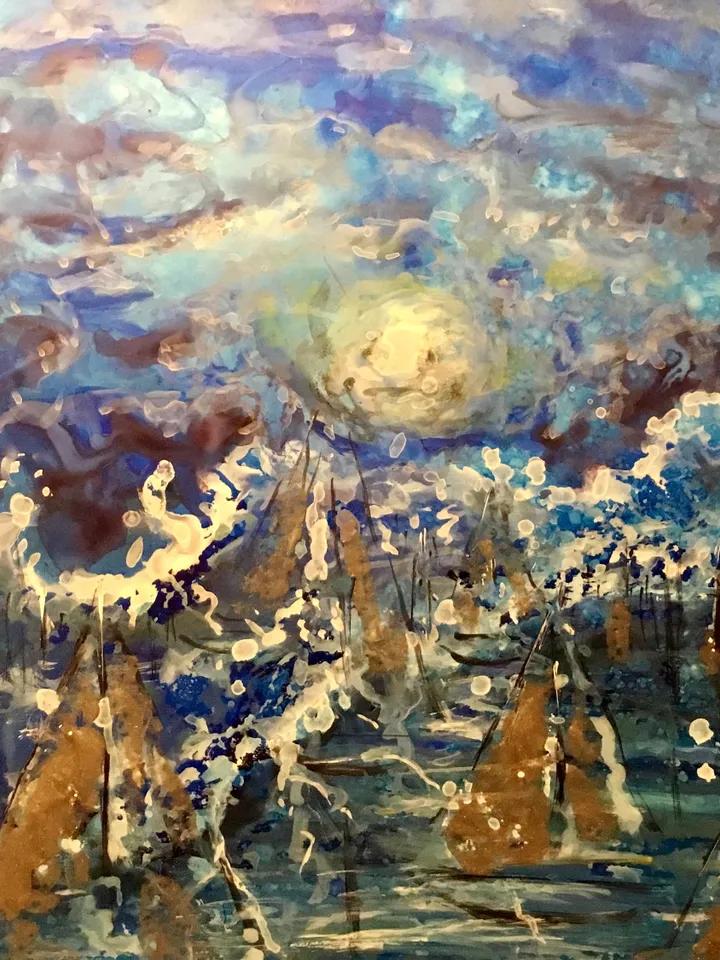Moonlight boats,original mix media painting on yupo paper,fantasy artwork,gift,home decoration modern art