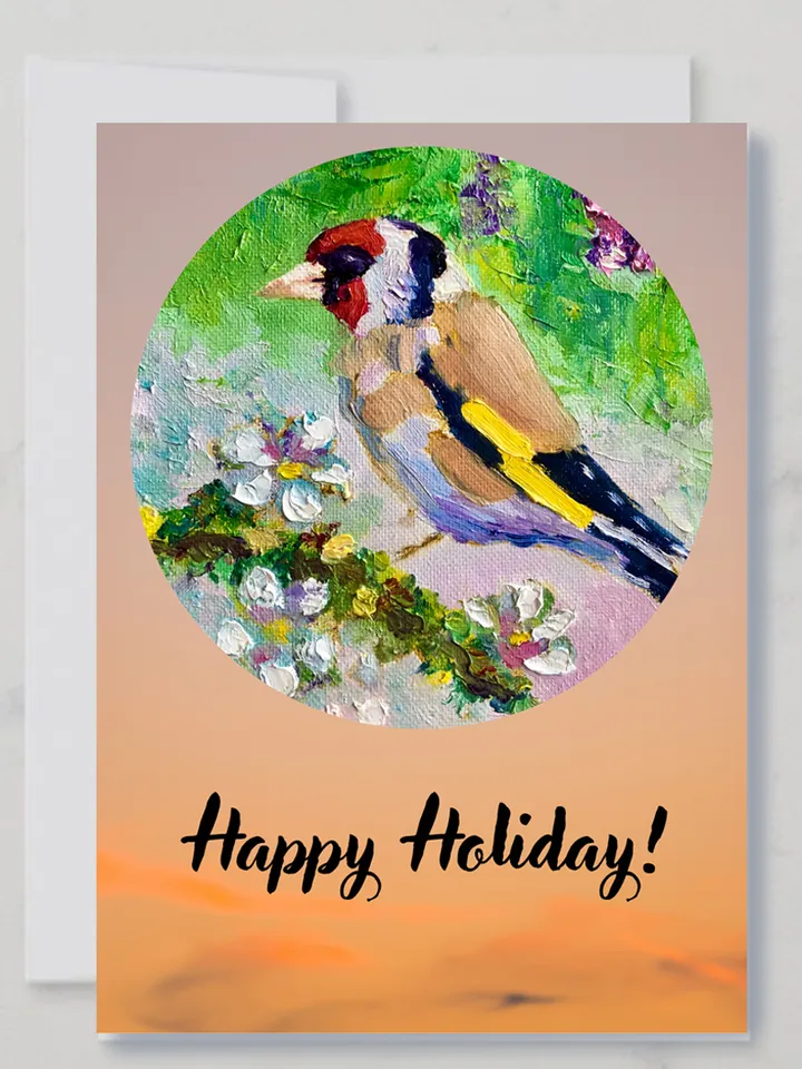 Goldfinch Digital Bird Greeting Card, Happy Holiday card