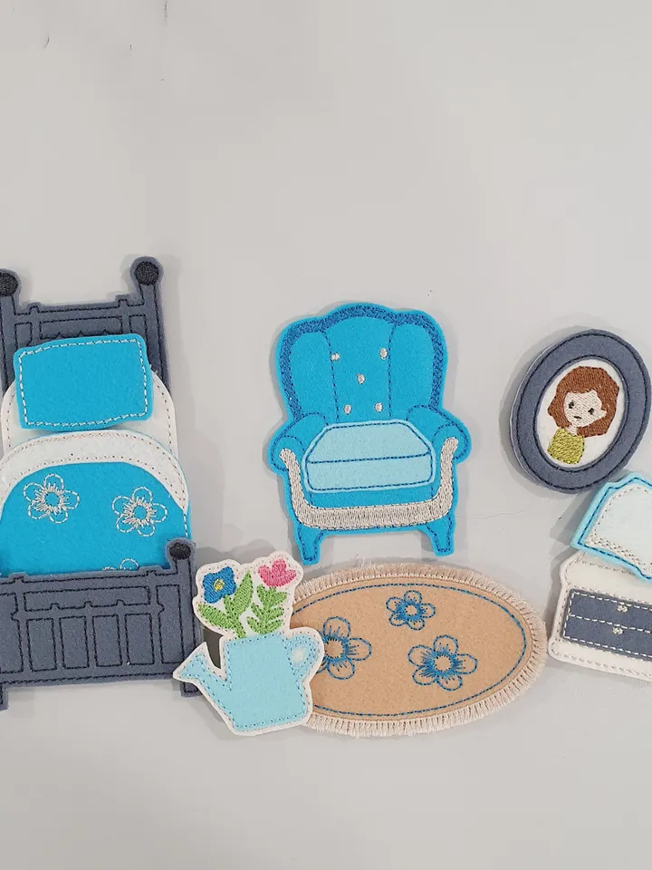 ITH Blue Dollhouse Room Furniture Set Embroidery Design | Felt Bed Chair Table Pattern 4x4 Hoop | Miniature Download