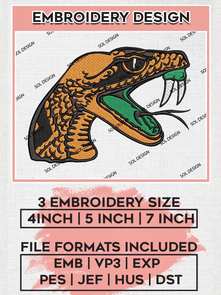 Florida A&M Rattlers Mascot Logo Machine Embroidery Design, NCAA Florida A&M Rattlers Embroidery Design Design files, NCAA Embroidery Designs, NCAA Machine Embroidery Designs, Digital Download