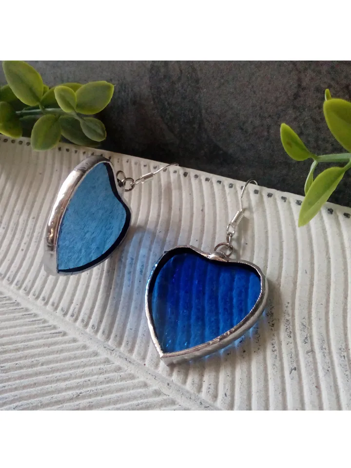 Blue HEART earrings, Stained glass earrings, st Valentine heart earrings, kawaii earrings, Love earrings, Romantic gift
