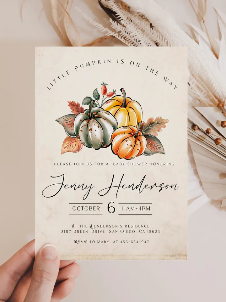 Little Pumpkin is on the way; Editable Autumn Pumpkin Baby Shower Invitation Template Canva; Fall 2022 Autumn Watercolor Pumpkin Invitation