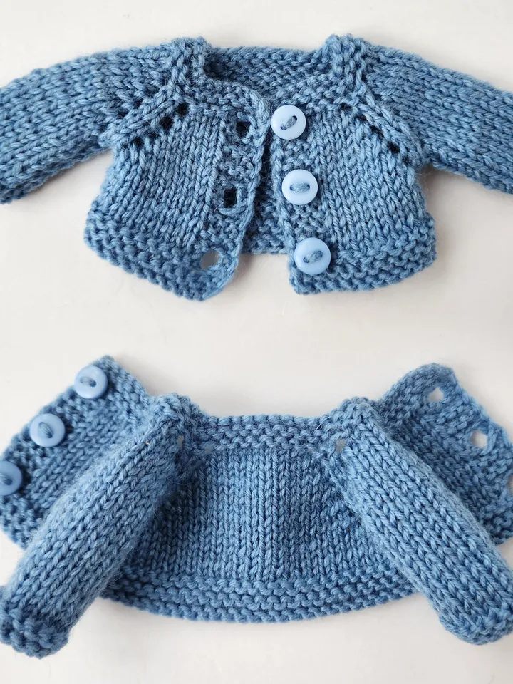DIY Cardigan, Booties & Hat for a 7 inch (18 cm) Waldorf doll. Bundle of 3 PDF knitting and crochet patterns and tutorials.