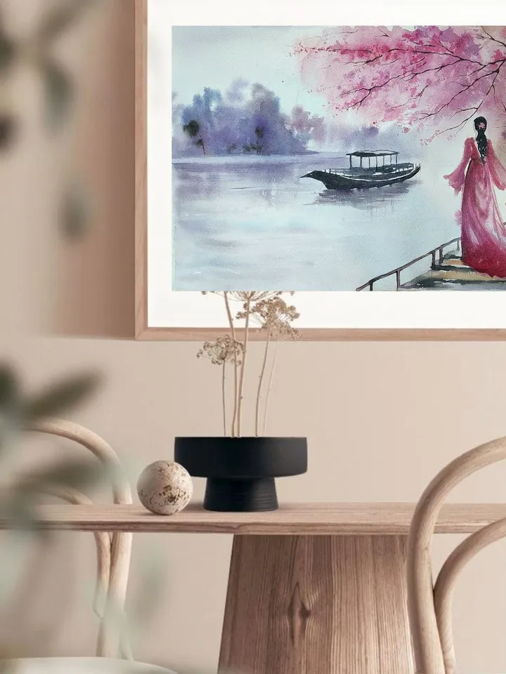 Japan Landscape Painting Original Watercolor Art Sakura blossoms Artwork 11.81x15.75 in by SoftWaves