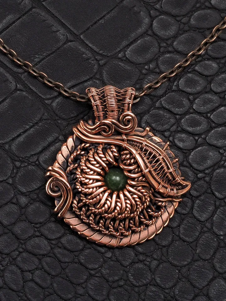 Natural green jade copper wire wrapped pendant Elegant leaf and flower necklace