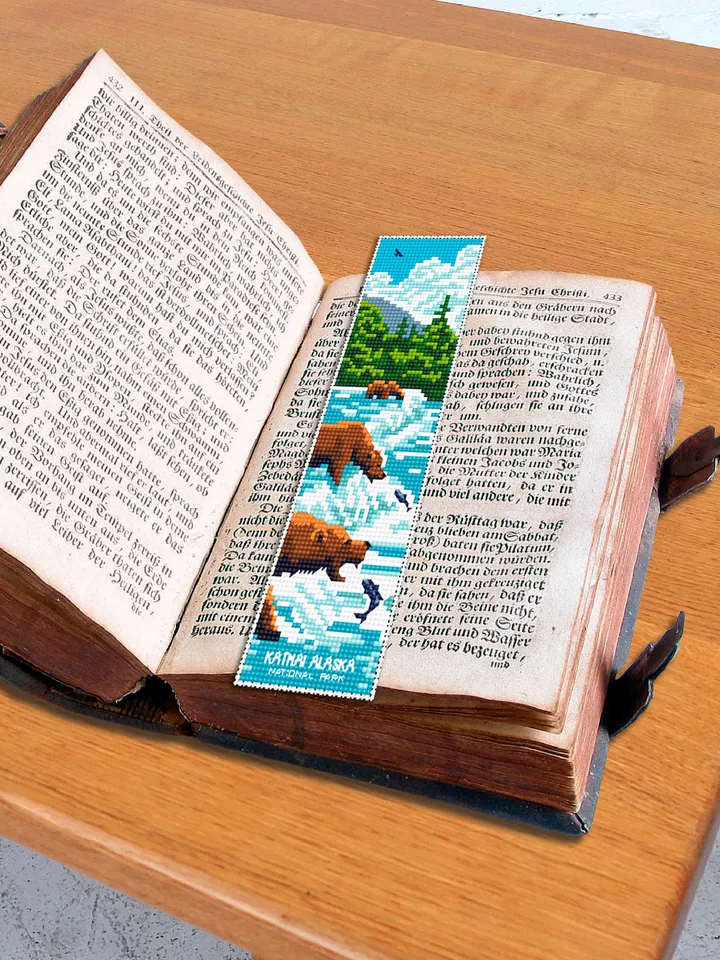 Katmai national park bookmark cross stitch pattern PDF download Nature cross stitch chart, Digital bookmark pattern, Bear cross stitch #B186