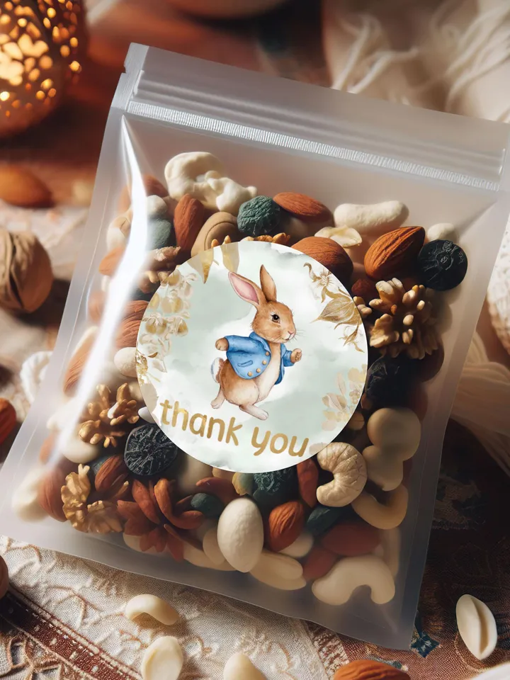 Editable and Printable Thank you sticker template 1st Baby Birthday in Peter Rabbit style party instant download and unlimited access pr888