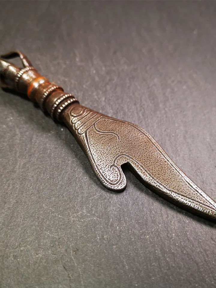 Gandhanra Tibetan Amulet Kila Dagger (Dorje Phurba),Conch Shape,Dharma Ritual,Made of Cold Iron inlaid with Copper,4.7&quot;