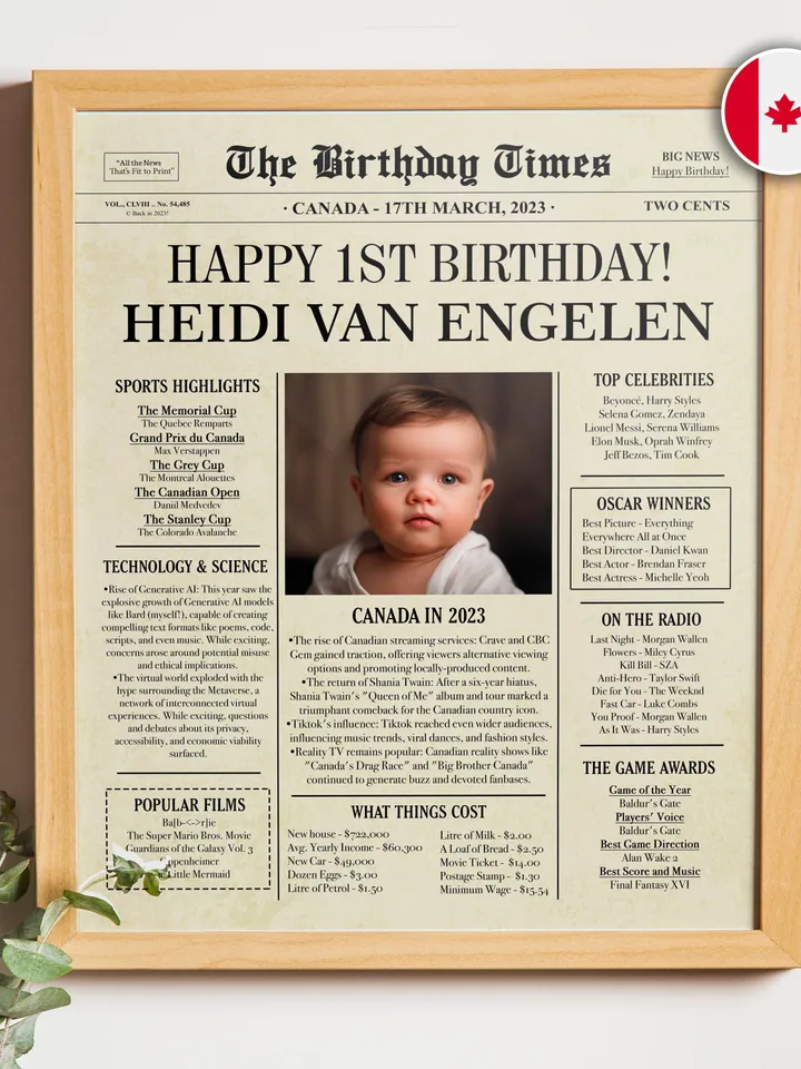 First Birthday Gift, 1st Birthday Newspaper, Baby First Birthday Gift, Back in 2023 Canada birthday poster, one year old girl or boy gift