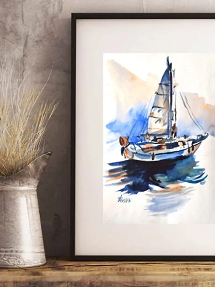 Sailboat Painting Original Watercolor Yacht Art Seascape Artwork