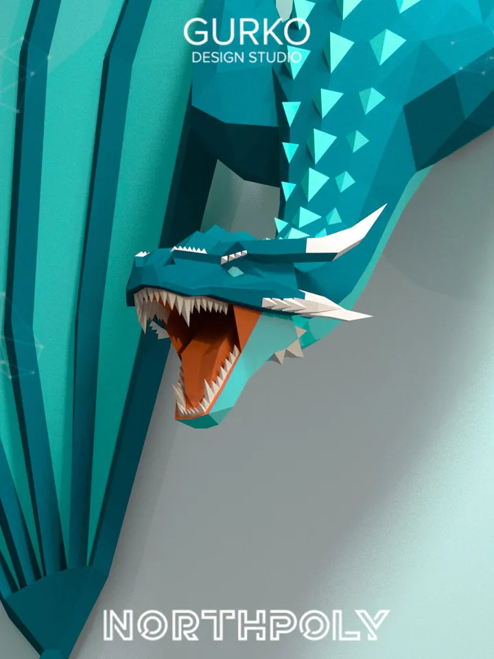 Papercraft Dragon Crawling Out Of The Wall, Digital Template, PDF Download, Gurko, 3D Low Poly, Pepakura, DIY Origami Sculpture, Paper Decor
