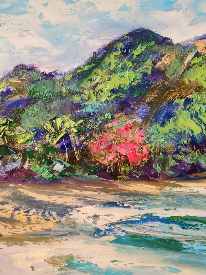 Palm Trees Ocean Mountains Sea Painting Original Oil Art Artist Svinar Oksana