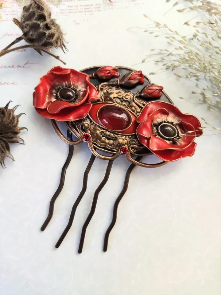 Hair clip Red poppy, Red Poppy Flower, Poppy Flower, Polymer clay Poppy