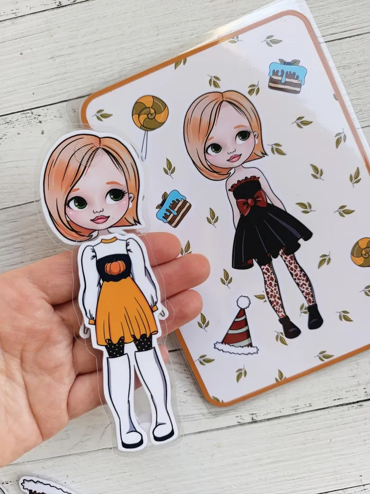 Printable paper doll  with a set clothes, Halloween printable doll house, Blythe paper doll dress up, Busy book printable crafts kids