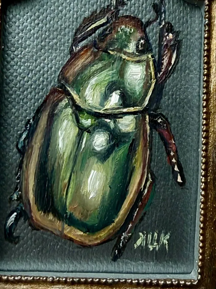 Framed Insect Oil Painting Original Entomology Art Beetle Painting Gold Frame Dark Academia