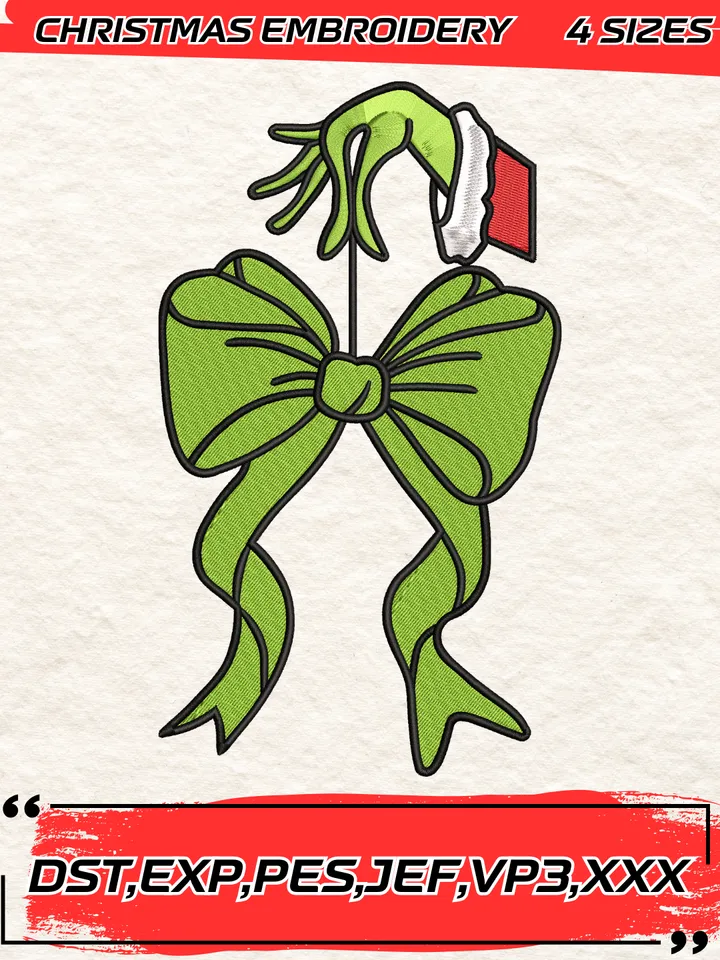 Grinch Hand With Coquette Bow Christmas Embroidery Design,Christmas Embroidery Design,4 Sizes,Digital Download