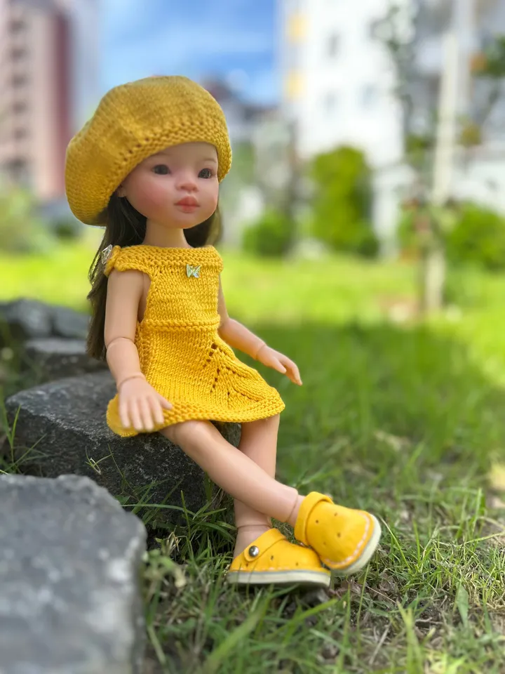 Paola Reina Doll 4 ITEMS Set: Exclusive Handmade Outfit - Summer Dress, Beret, Headband, Crocs