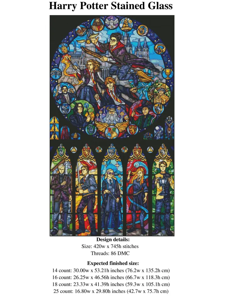 Harry Potter Cross Stitch Pattern / Hogwarts Cross Stitch Pattern / Stained Glass Cross Stitch / Counted Instant PDF