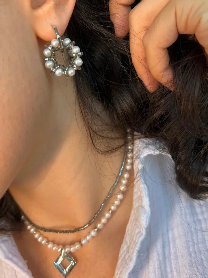 Pearl Silver 925 Jewelry Set Necklace Earrings RHOMBUS