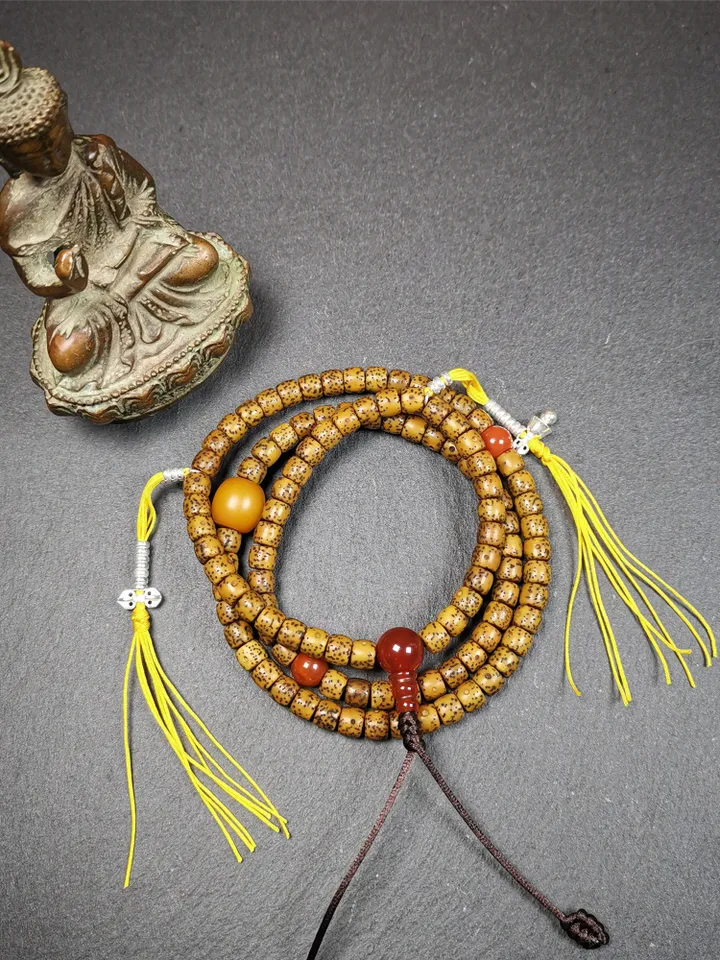 Gandhanra Old 108 Tibetan Lotus Seed Beads Mala,Prayer Beads Necklace for Meditation,Diameter 0.24", Circumference 23"