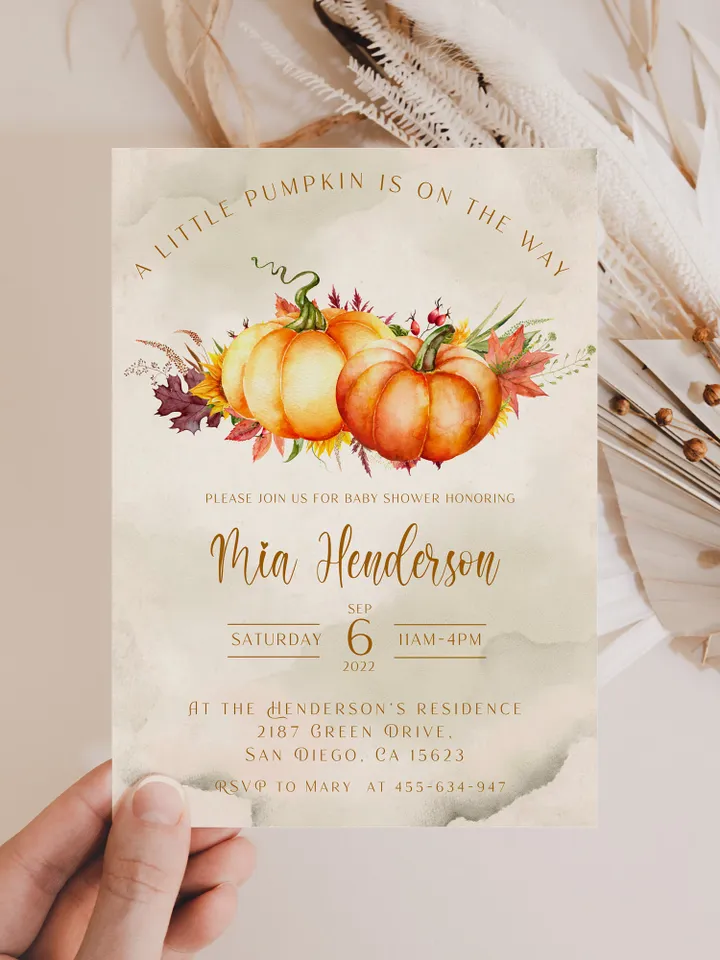 Little Pumpkin is on the way; Editable Autumn Pumpkin Baby Shower Invitation Template Canva; Fall 2022 Autumn Watercolor Pumpkin Invitation