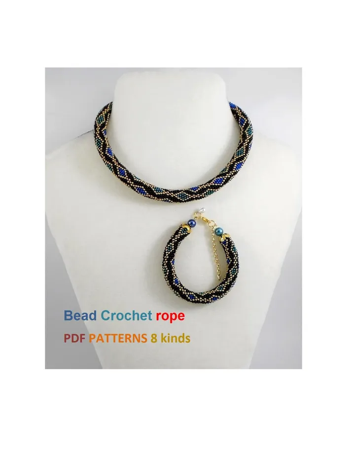 Bead crochet rope patterns «Chain» necklace and bracelet, 8 kinds, Instant Download, Pdf fail