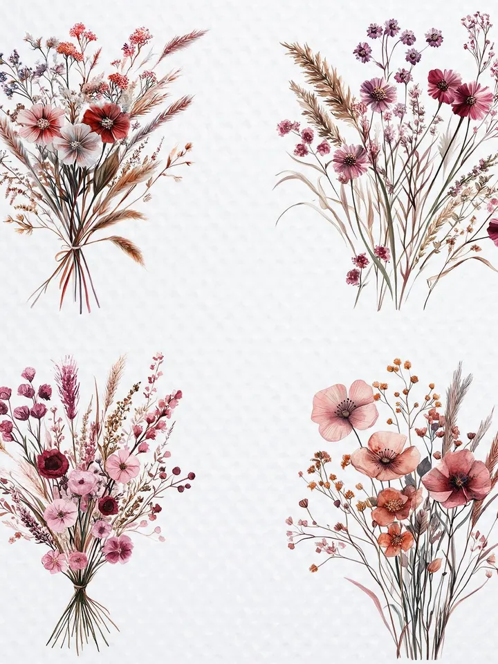 20 Boho Flowers Bouquet PNG Bundle, Minimalistic Flowers Printable Watercolor clipart for sublimation, Wall Art, crafting, junk journals