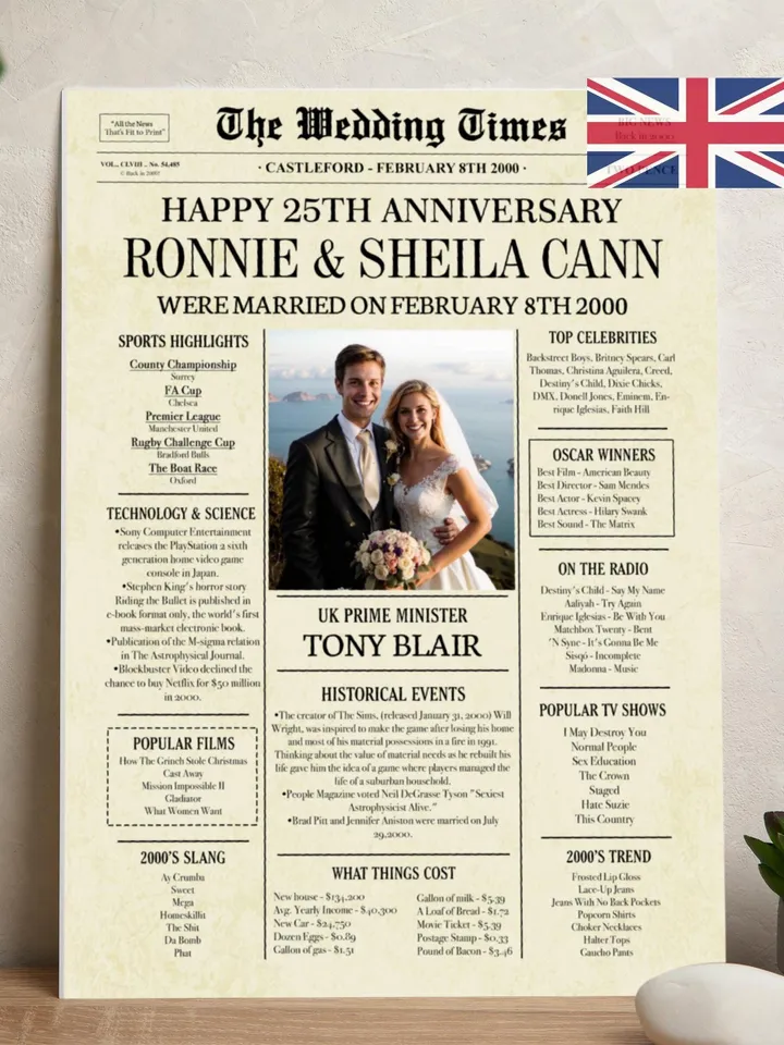 25th wedding Anniversary 2000 Newspaper Photo Poster, 2000 Anniversary, 25th Anniversary Sign, 25th Anniversary Gift Board Anniversary UK