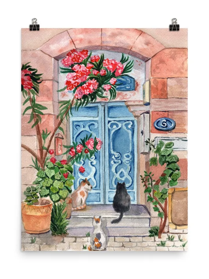 Cat Illustration Watercolor Painting Wall Art Print, Floral Illustration, Cat Home Gift, Gift For Plant Lover, Black Cat Art, Cat In Flower