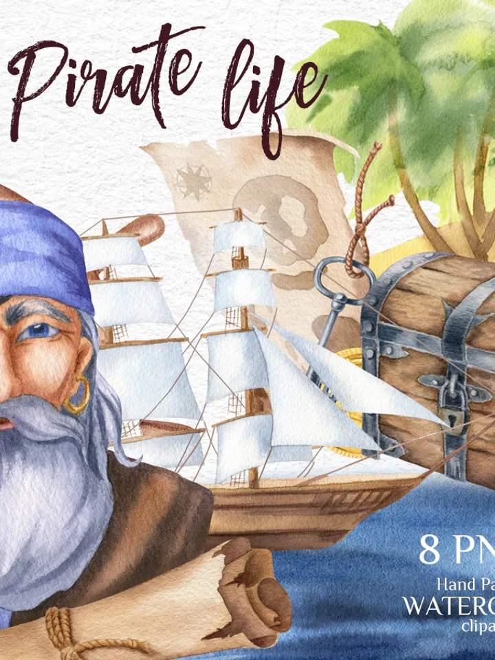 Pirates. Watercolor hand-painted clipart. Birthday party decor, treasure island, sea adventure. Kids room. Printable PNG, instant download