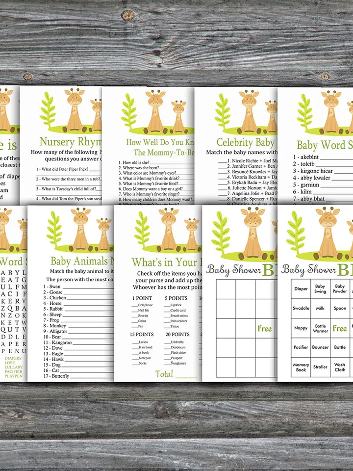 Safari baby shower games bundle,Giraffe Baby Shower games package,Fun Baby Shower Games,9 Printable Games-337