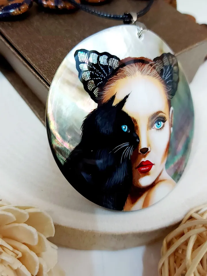 Mother-of-pearl Russian hand-painted necklace pendant "Сatwoman" Jewelry Russian jewelry magic of painting fine art jewelry Fedoskino